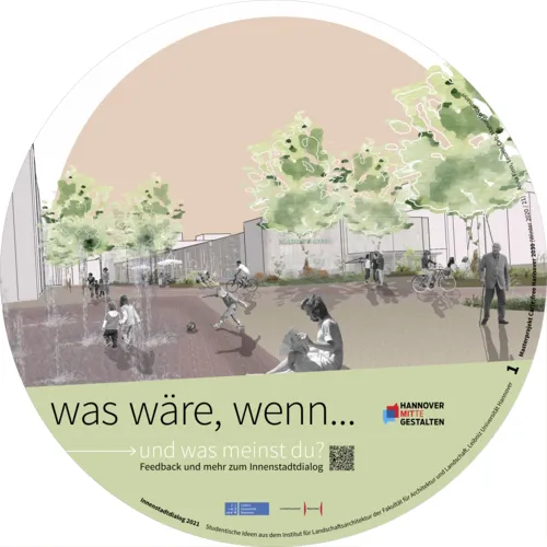 Visualisierung, die Menschen auf einem Platz vor einer Halle zeigt.
